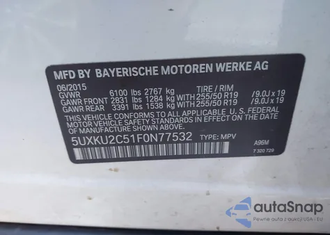 2015 BMW X6 xDrive35I z USA, uszkodzony, nr VIN 5UXKU2C51F0N77532